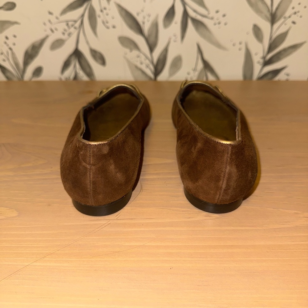 Joan & David Italian Brown Suede Loafers with Gold Detailing - Picture 6 of 10